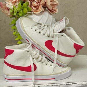 NWOT Women's White Leather and Neon Pink Nike High Tops - Size 8